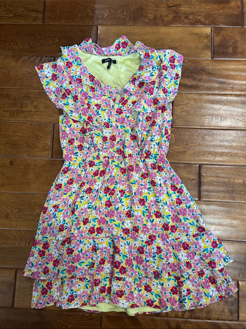BCBG Floral Ruffle Midi Dress - Pink, Yellow & Teal